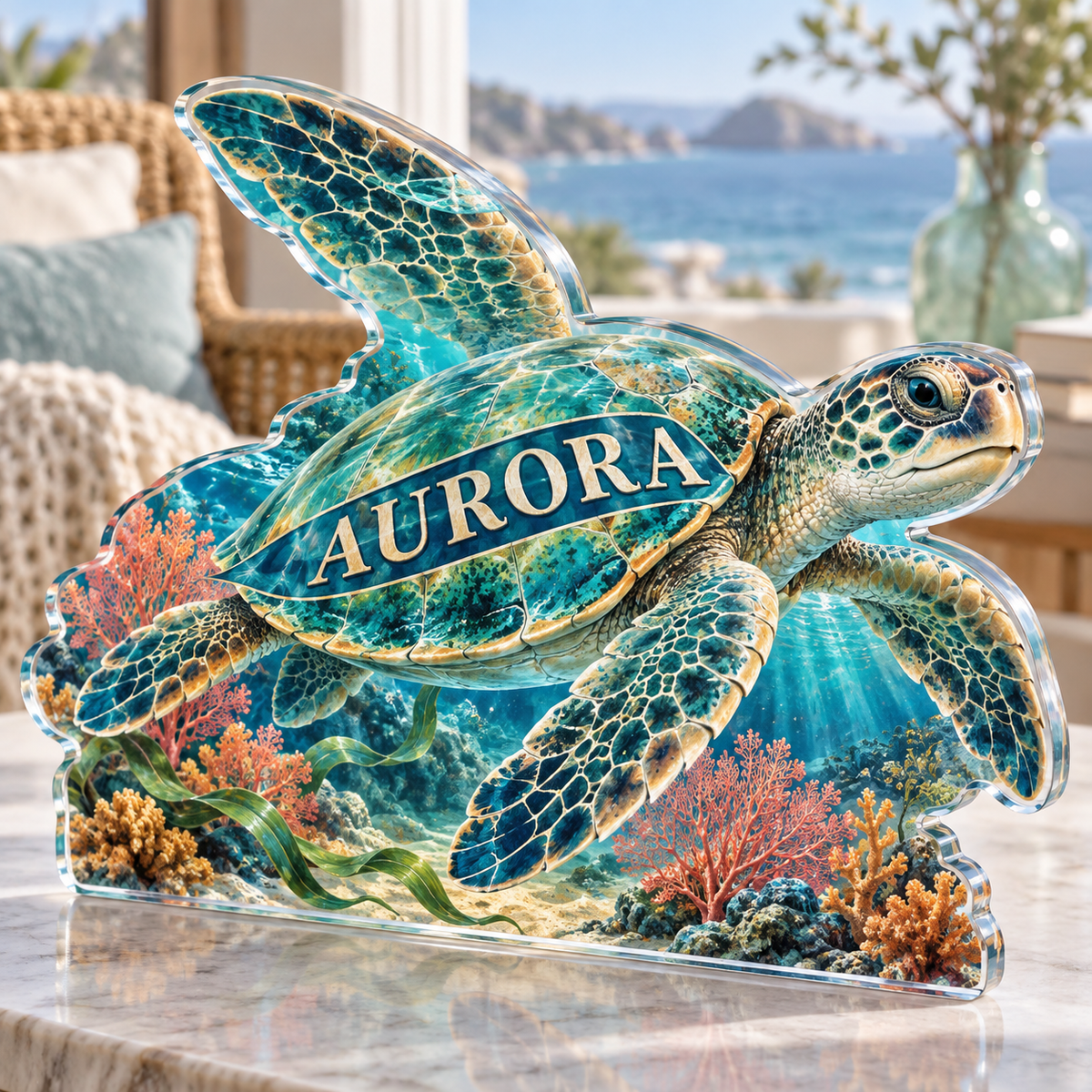 Artwork visualization: Sea turtle lagoon — quiet corner decoration, personalized AURORA, subject-shaped acrylic with printed optical 3D depth; not carved relief.