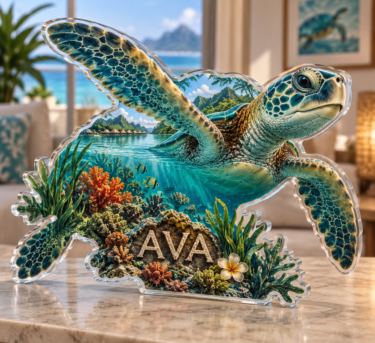 Artwork visualization: Sea turtle lagoon — apartment gallery wall, personalized AVA, subject-shaped acrylic with printed optical 3D depth; not carved relief.