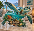 Artwork visualization: Sea turtle lagoon — apartment gallery wall, personalized AVA, subject-shaped acrylic with printed optical 3D depth; not carved relief.