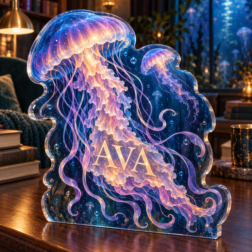 Artwork visualization: Jellyfish drift — reading nook decor, personalized AVA, subject-shaped acrylic with printed optical 3D depth; not carved relief.