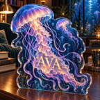 Artwork visualization: Jellyfish drift — reading nook decor, personalized AVA, subject-shaped acrylic with printed optical 3D depth; not carved relief.