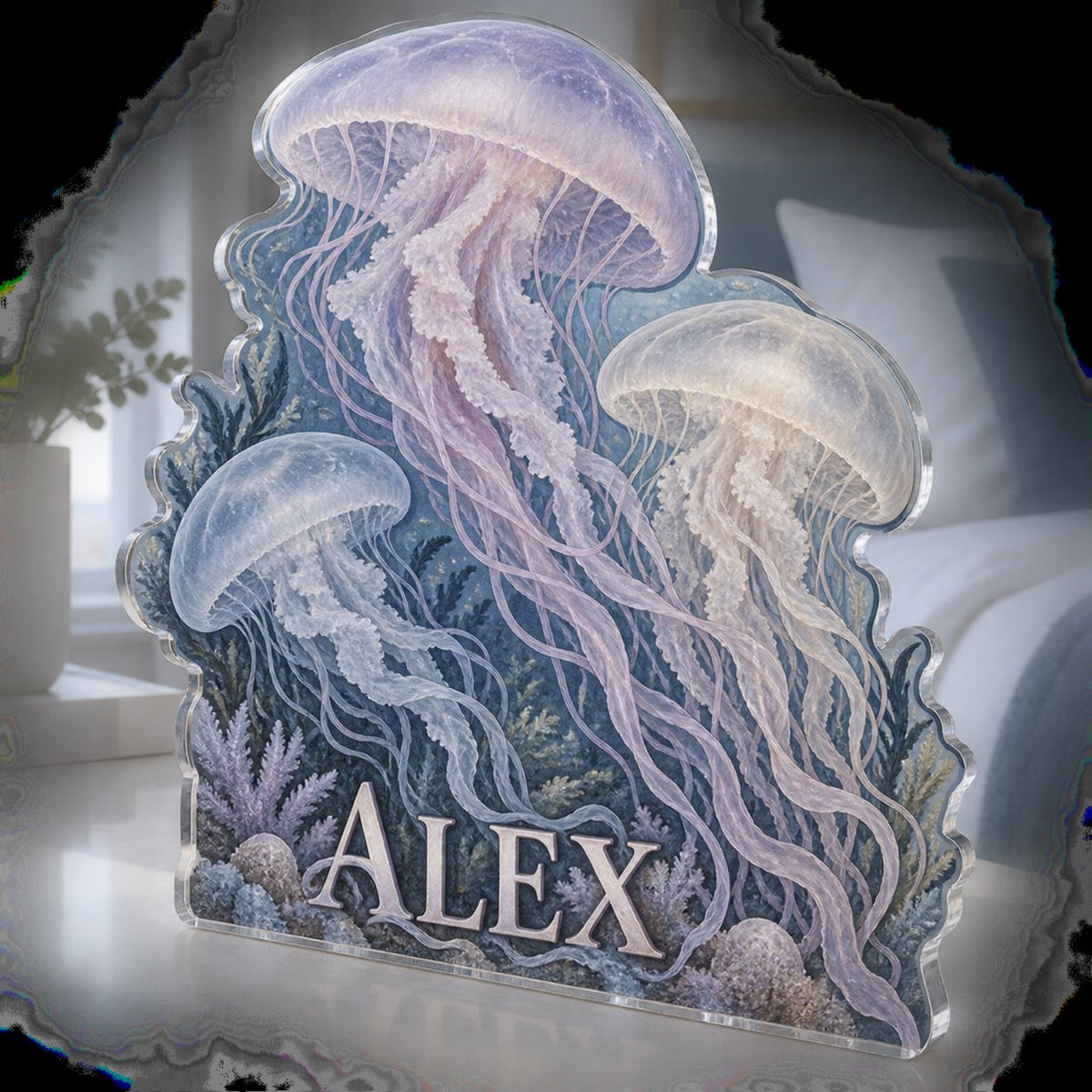 Personalized Jellyfish Drift Bedroom Statement Decor custom shape acrylic plaque with an example name set into the artwork, digital preview