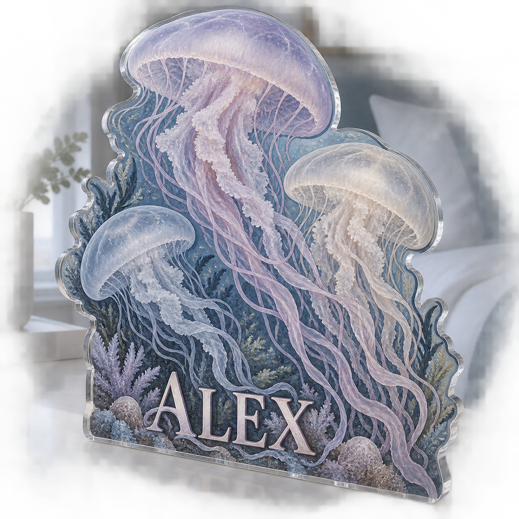Artwork visualization: Jellyfish drift — bedroom statement decor, personalized ALEX, subject-shaped acrylic with printed optical 3D depth; not carved relief.