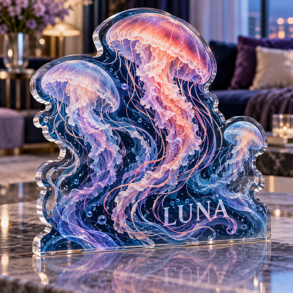 Artwork visualization: Jellyfish drift — living room focal point, personalized LUNA, subject-shaped acrylic with printed optical 3D depth; not carved relief.