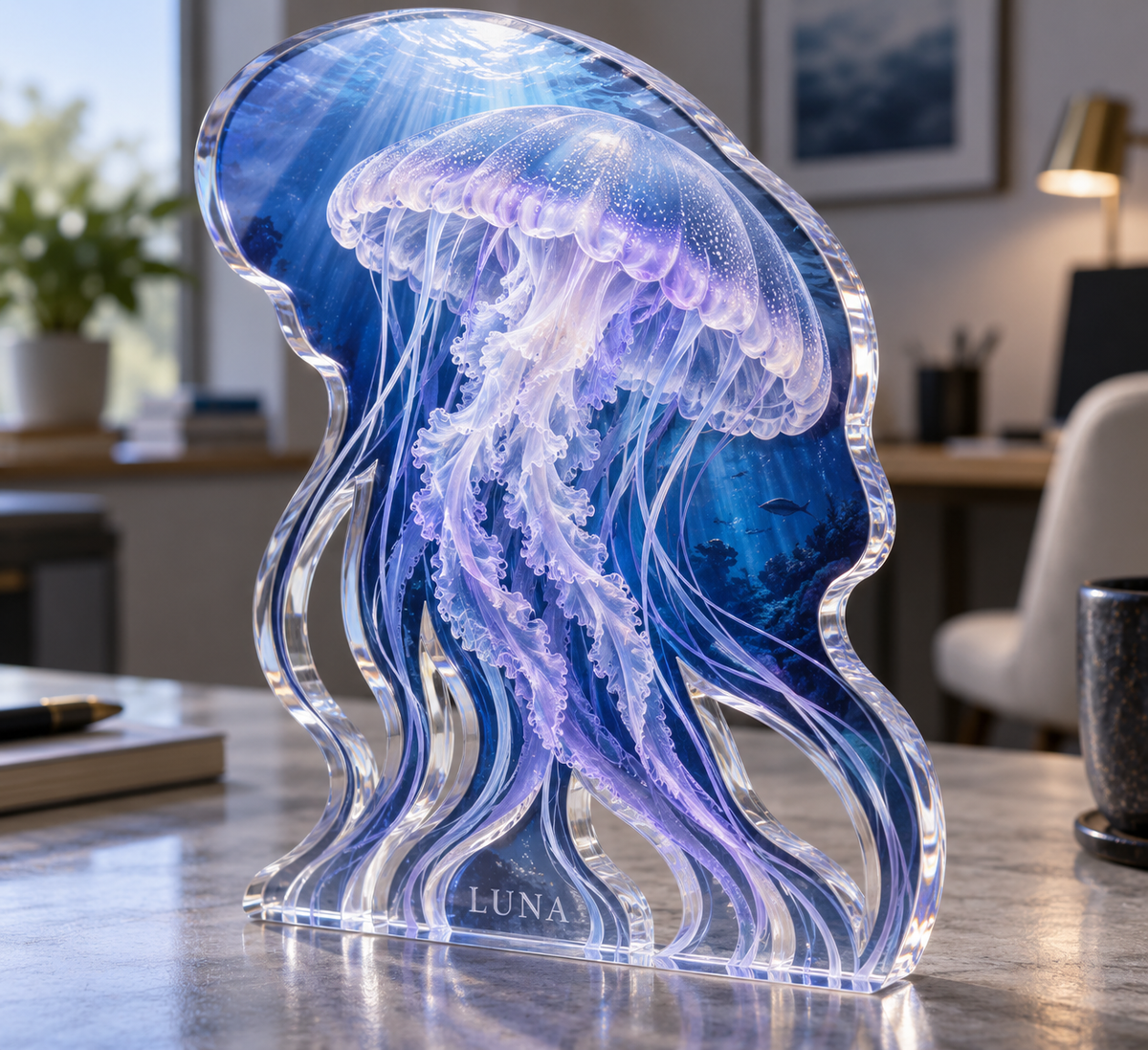 Artwork visualization: Jellyfish drift — home office backdrop, personalized LUNA, subject-shaped acrylic with printed optical 3D depth; not carved relief.