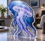 Artwork visualization: Jellyfish drift — home office backdrop, personalized LUNA, subject-shaped acrylic with printed optical 3D depth; not carved relief.