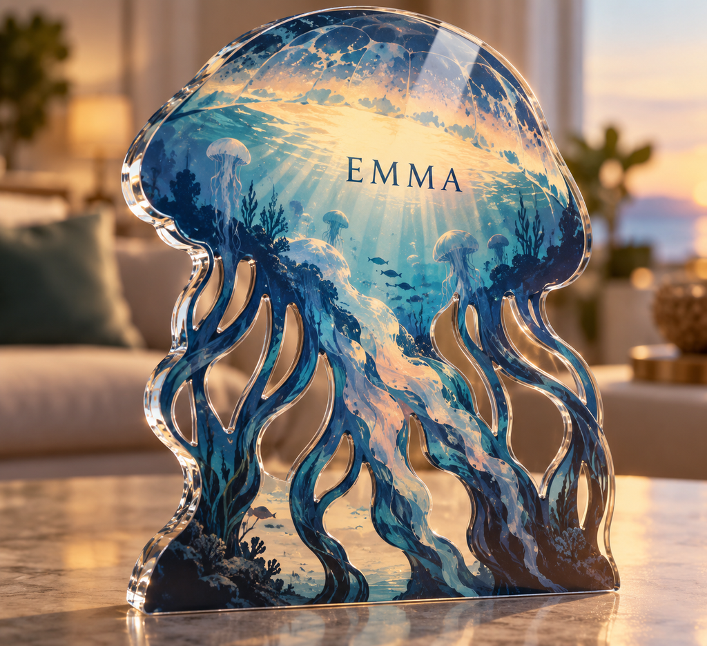 Artwork visualization: Jellyfish drift — personalized housewarming, personalized EMMA, subject-shaped acrylic with printed optical 3D depth; not carved relief.
