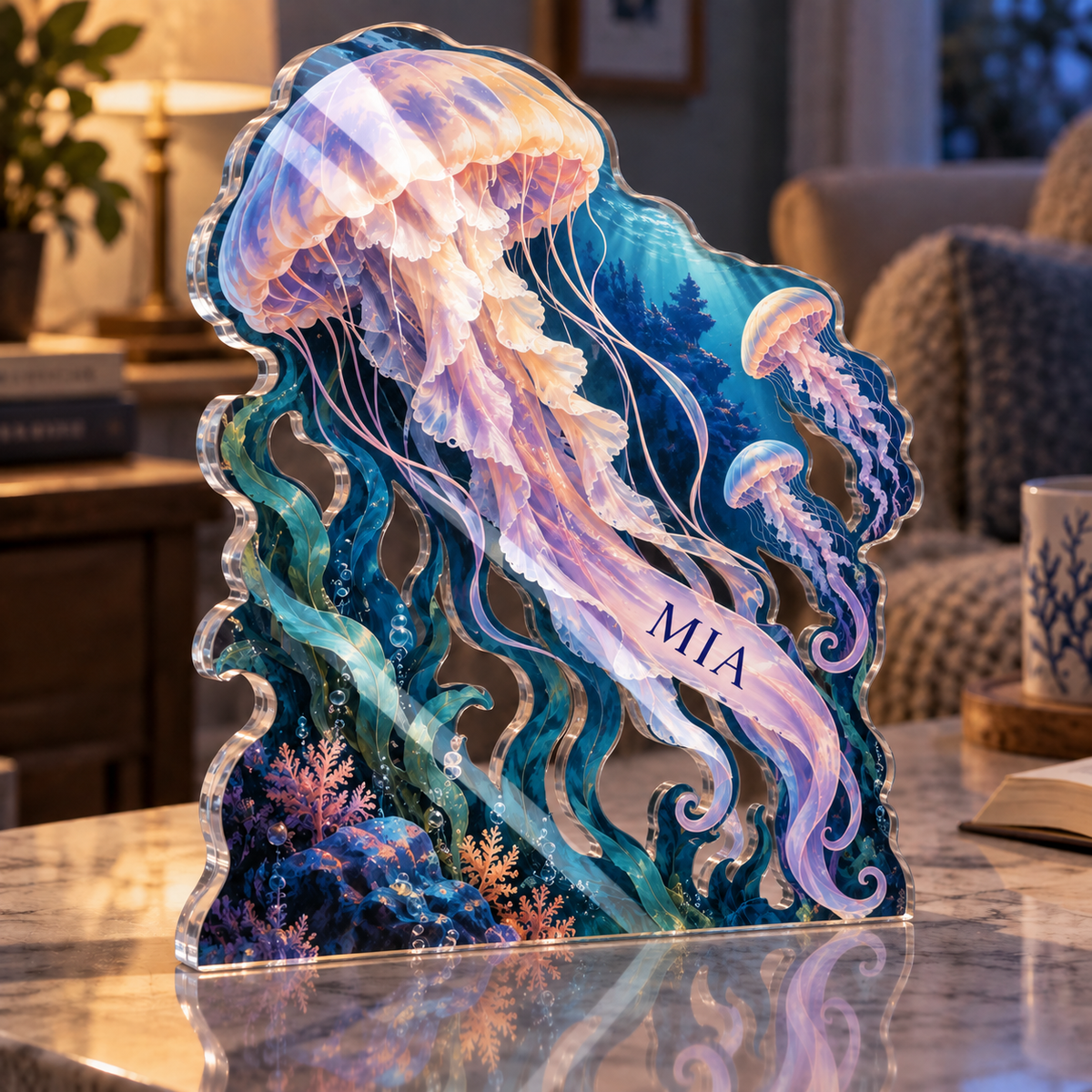Artwork visualization: Jellyfish drift — quiet corner decoration, personalized MIA, subject-shaped acrylic with printed optical 3D depth; not carved relief.