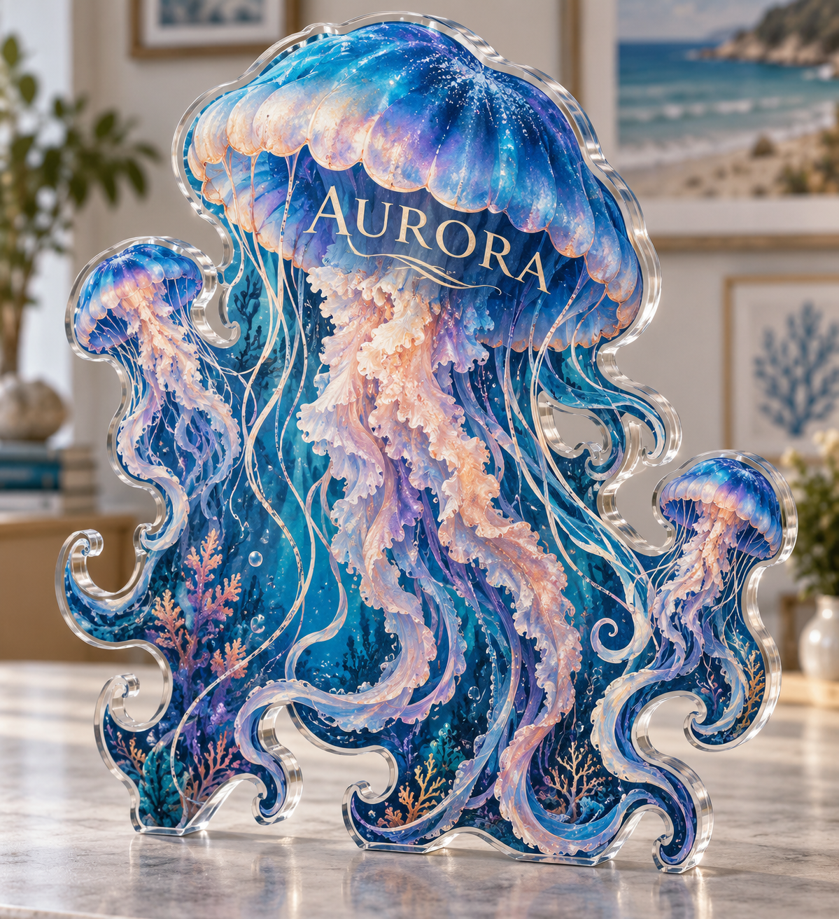 Artwork visualization: Jellyfish drift — apartment gallery wall, personalized AURORA, subject-shaped acrylic with printed optical 3D depth; not carved relief.