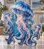 Artwork visualization: Jellyfish drift — apartment gallery wall, personalized AURORA, subject-shaped acrylic with printed optical 3D depth; not carved relief.