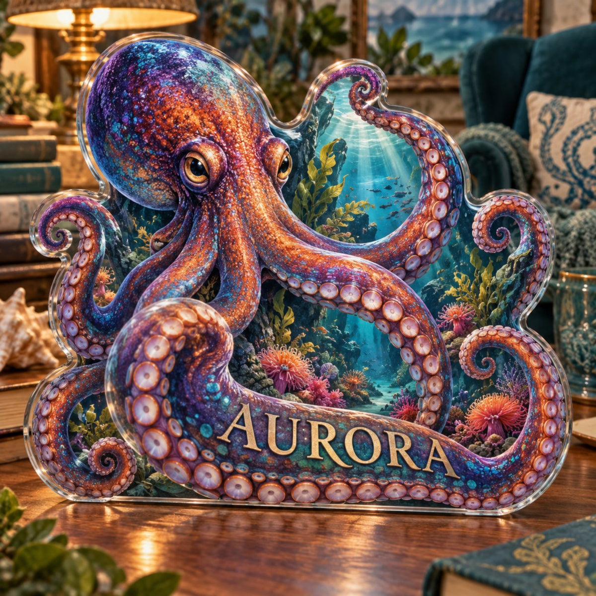 Personalized Octopus Garden Reading Nook Decor custom shape acrylic plaque with an example name set into the artwork, digital preview
