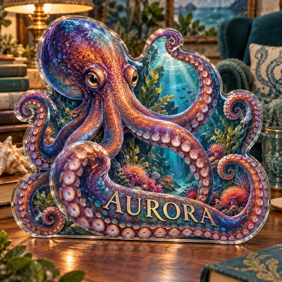 Artwork visualization: Octopus garden — reading nook decor, personalized AURORA, subject-shaped acrylic with printed optical 3D depth; not carved relief.