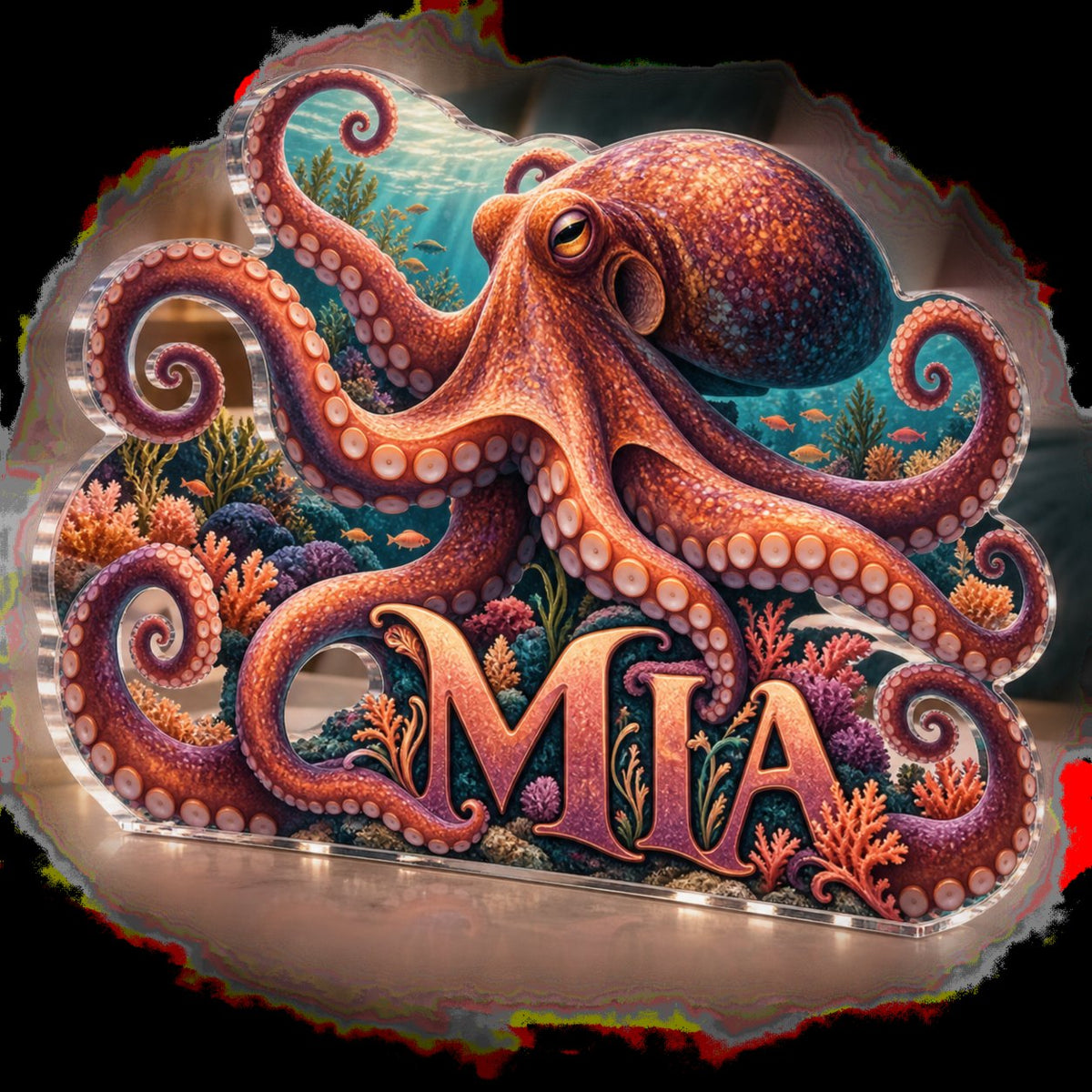 Personalized Octopus Garden Bedroom Statement Decor custom shape acrylic plaque with an example name set into the artwork, digital preview