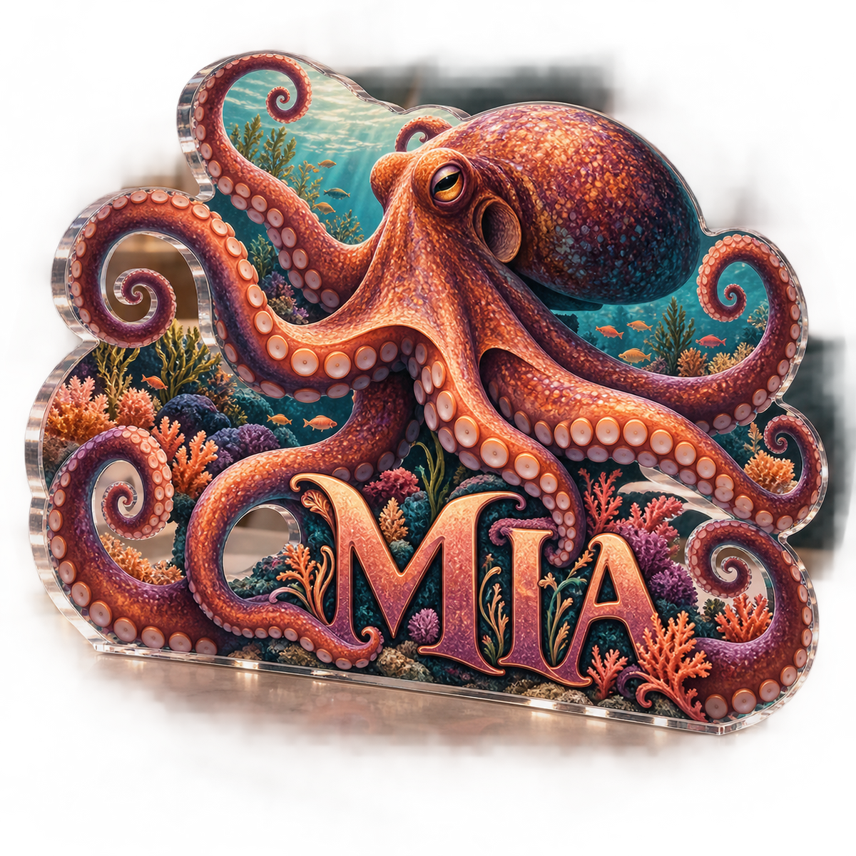 Artwork visualization: Octopus garden — bedroom statement decor, personalized MIA, subject-shaped acrylic with printed optical 3D depth; not carved relief.