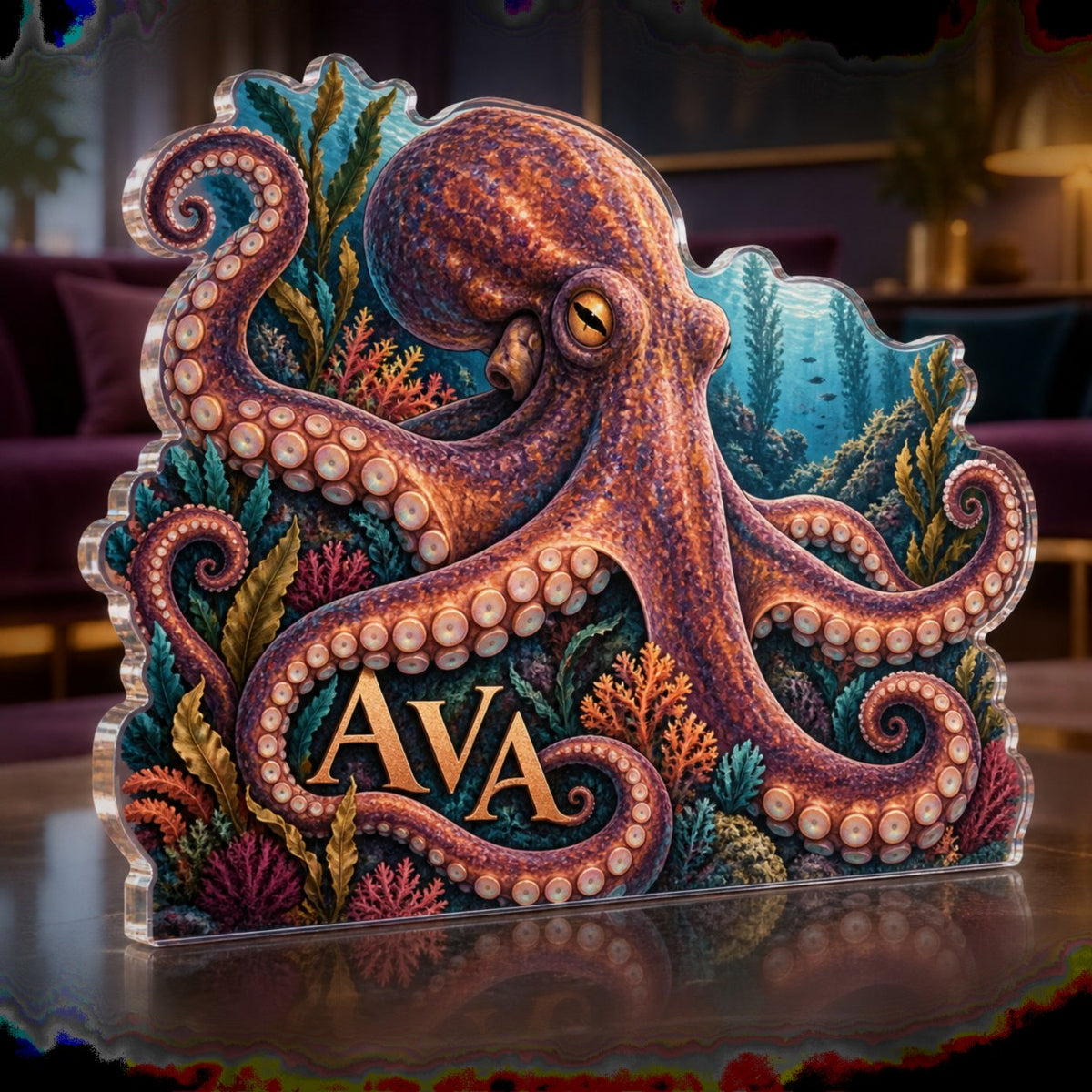 Personalized Octopus Garden Living Room Focal Point custom shape acrylic plaque with an example name set into the artwork, digital preview