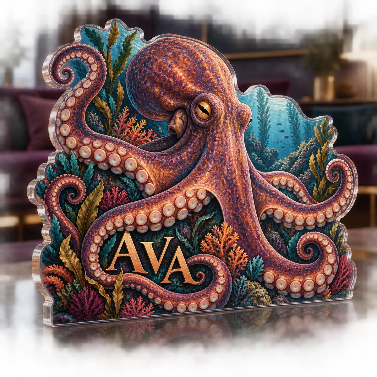 Artwork visualization: Octopus garden — living room focal point, personalized AVA, subject-shaped acrylic with printed optical 3D depth; not carved relief.