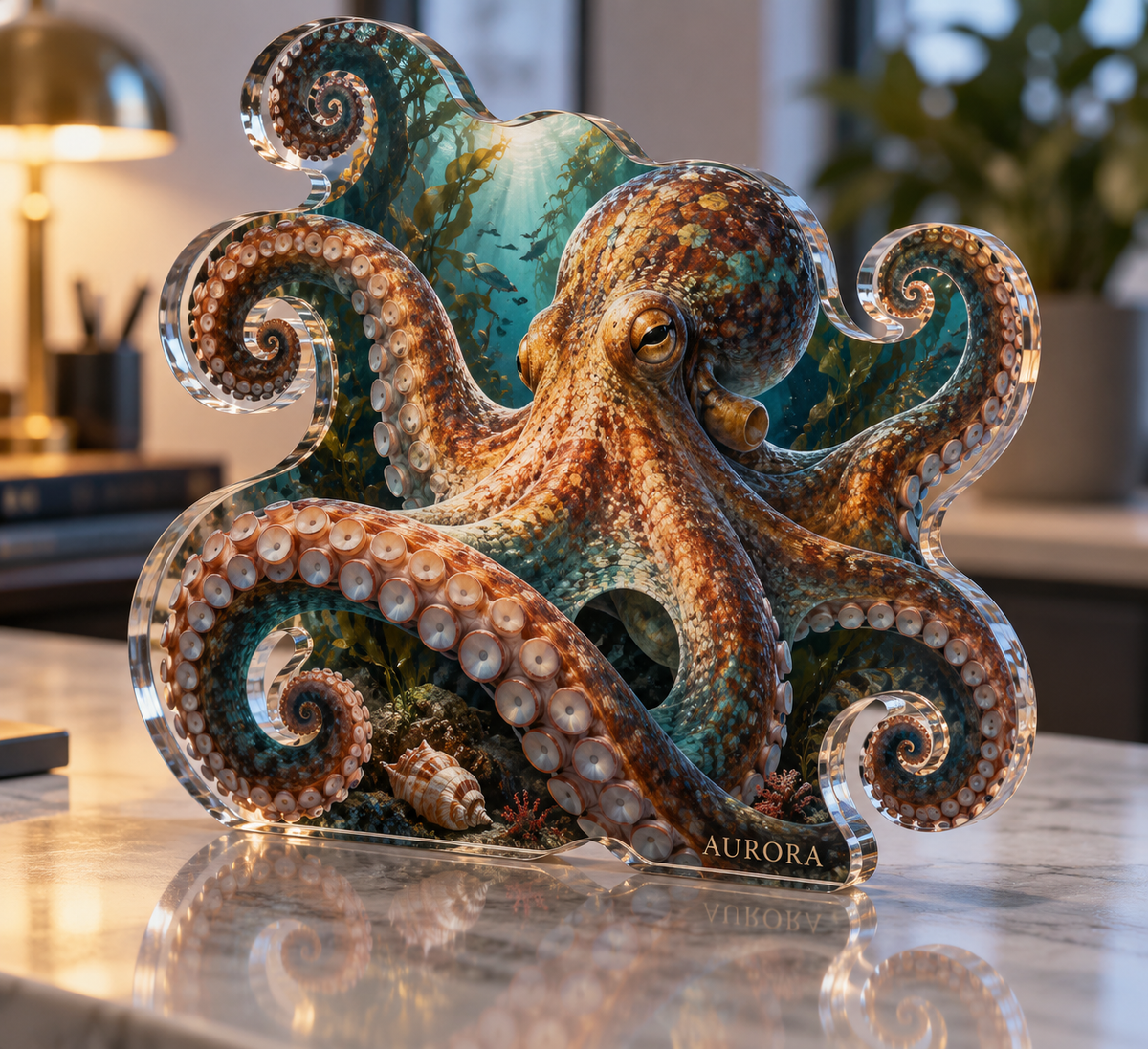 Artwork visualization: Octopus garden — home office backdrop, personalized AURORA, subject-shaped acrylic with printed optical 3D depth; not carved relief.