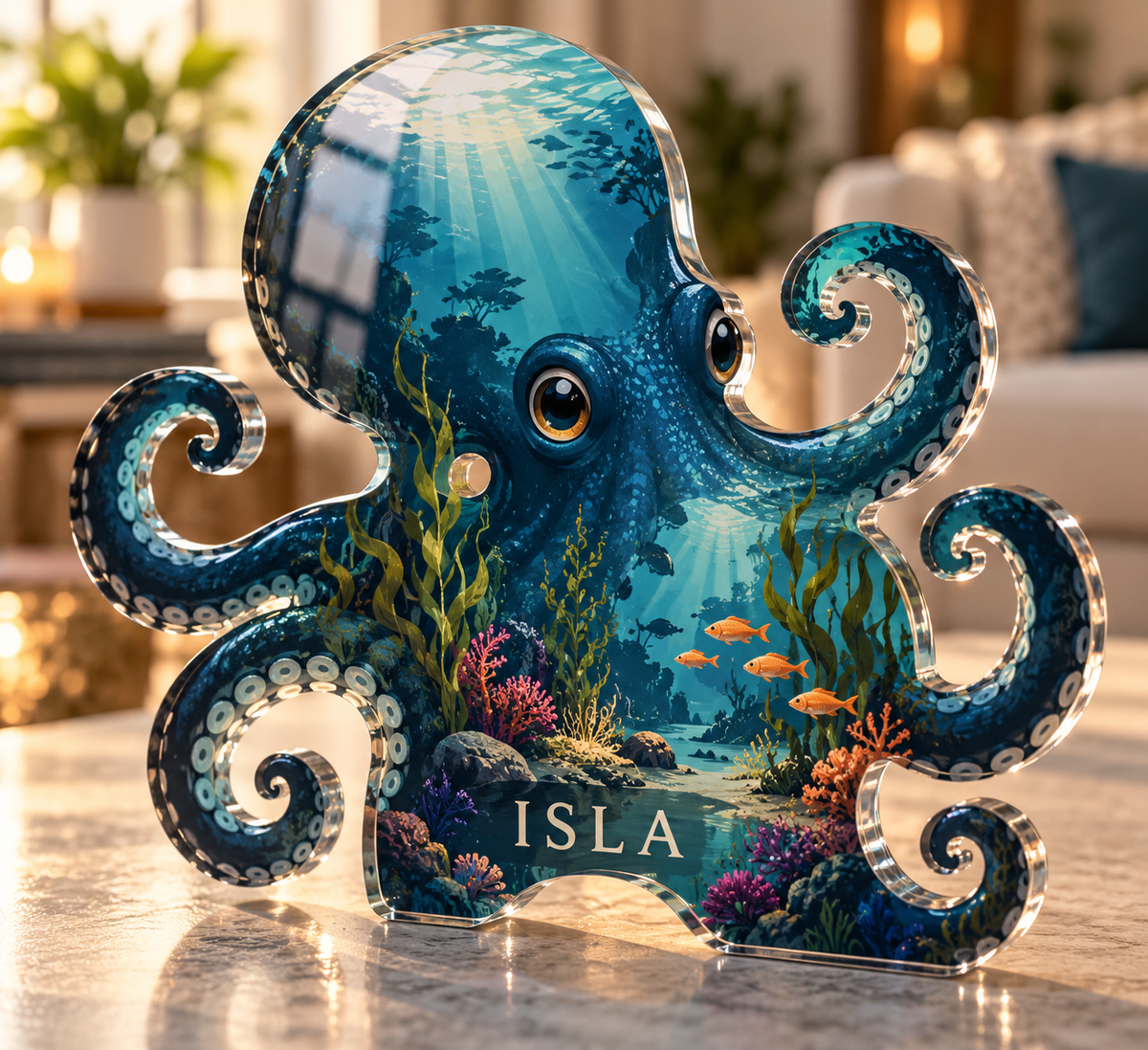 Artwork visualization: Octopus garden — personalized housewarming, personalized ISLA, subject-shaped acrylic with printed optical 3D depth; not carved relief.