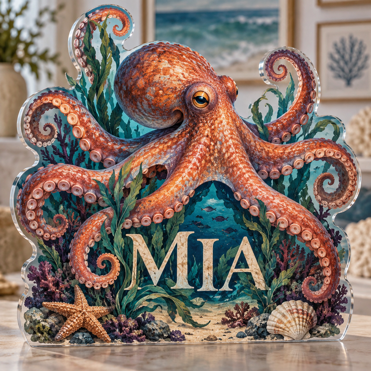 Artwork visualization: Octopus garden — apartment gallery wall, personalized MIA, subject-shaped acrylic with printed optical 3D depth; not carved relief.