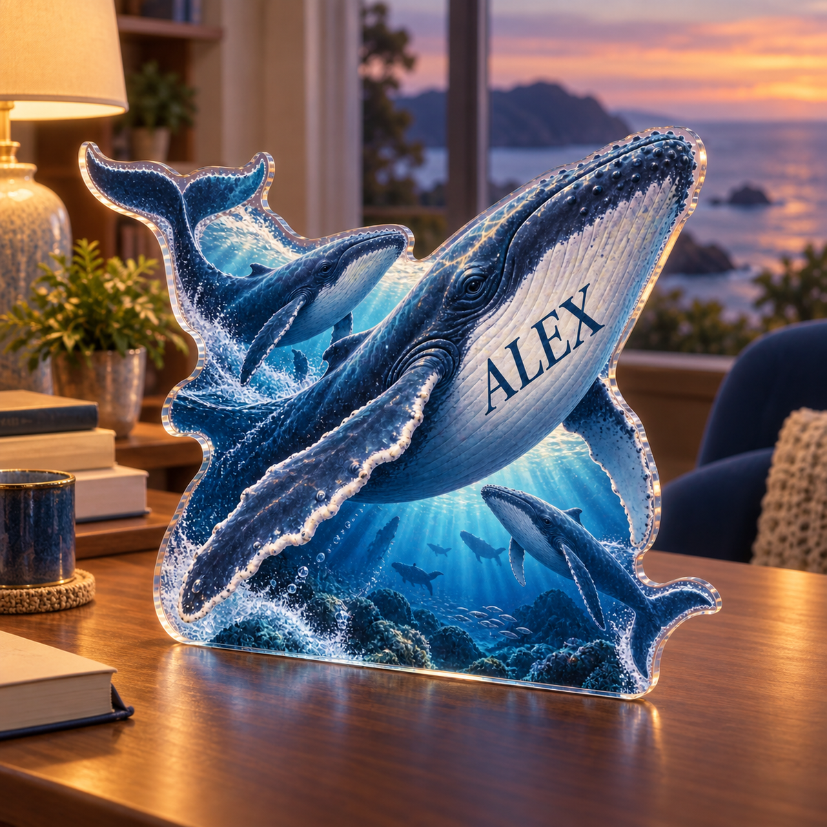 Artwork visualization: Whale migration — reading nook decor, personalized ALEX, subject-shaped acrylic with printed optical 3D depth; not carved relief.