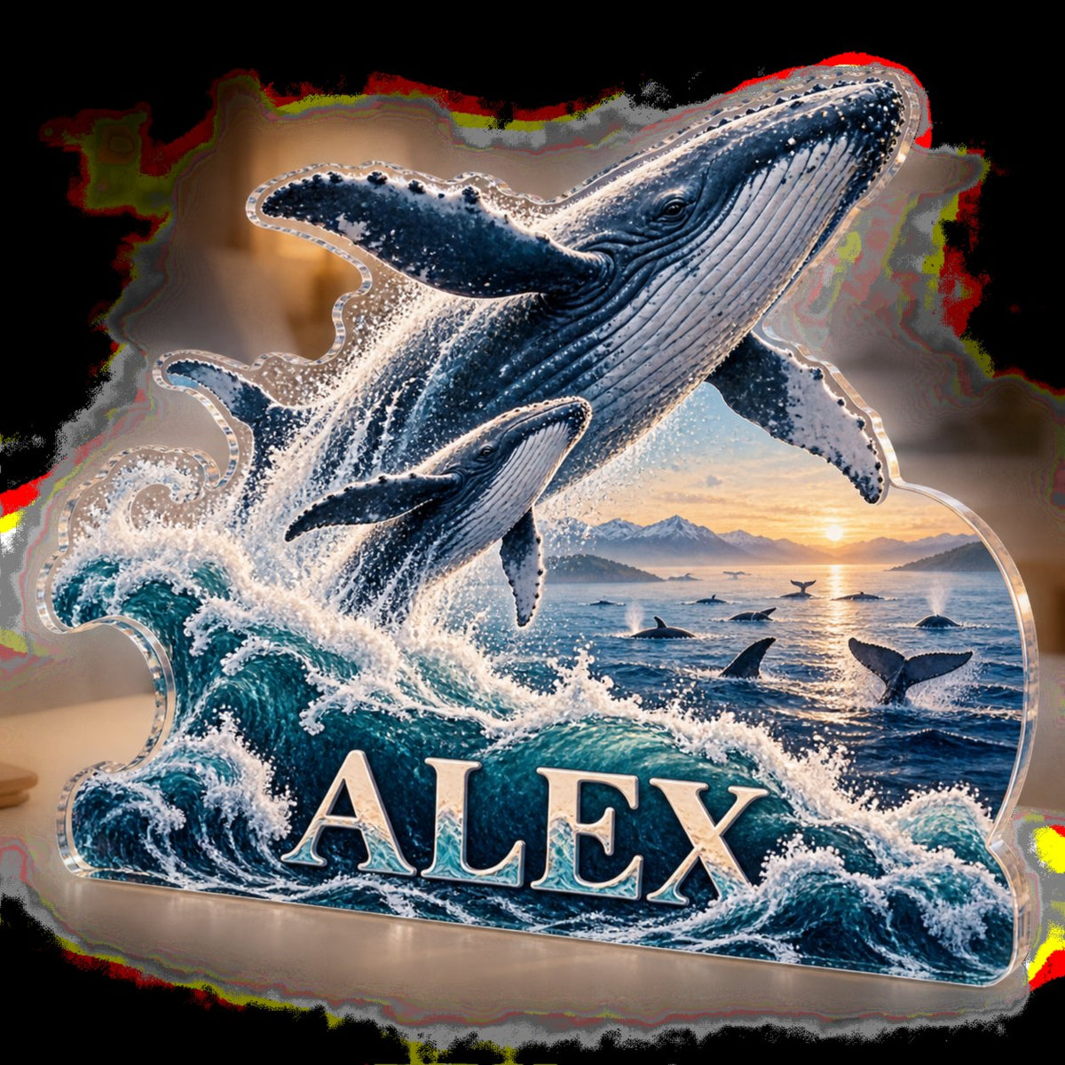 Personalized Whale Migration Bedroom Statement Decor custom shape acrylic plaque with an example name set into the artwork, digital preview