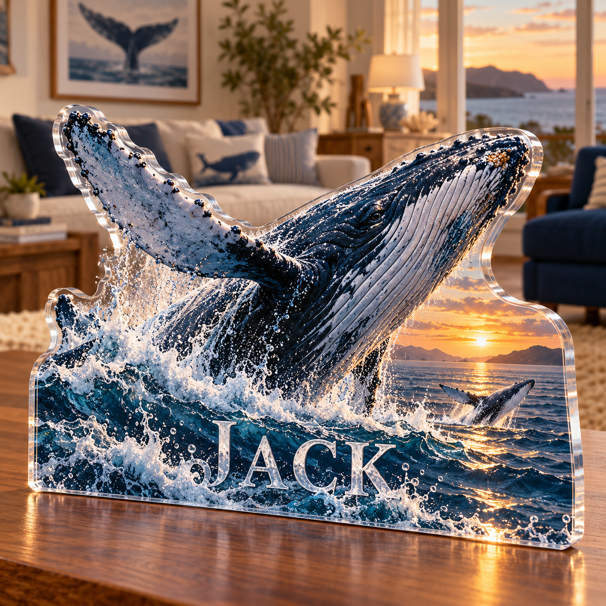 Artwork visualization: Whale migration — living room focal point, personalized JACK, subject-shaped acrylic with printed optical 3D depth; not carved relief.