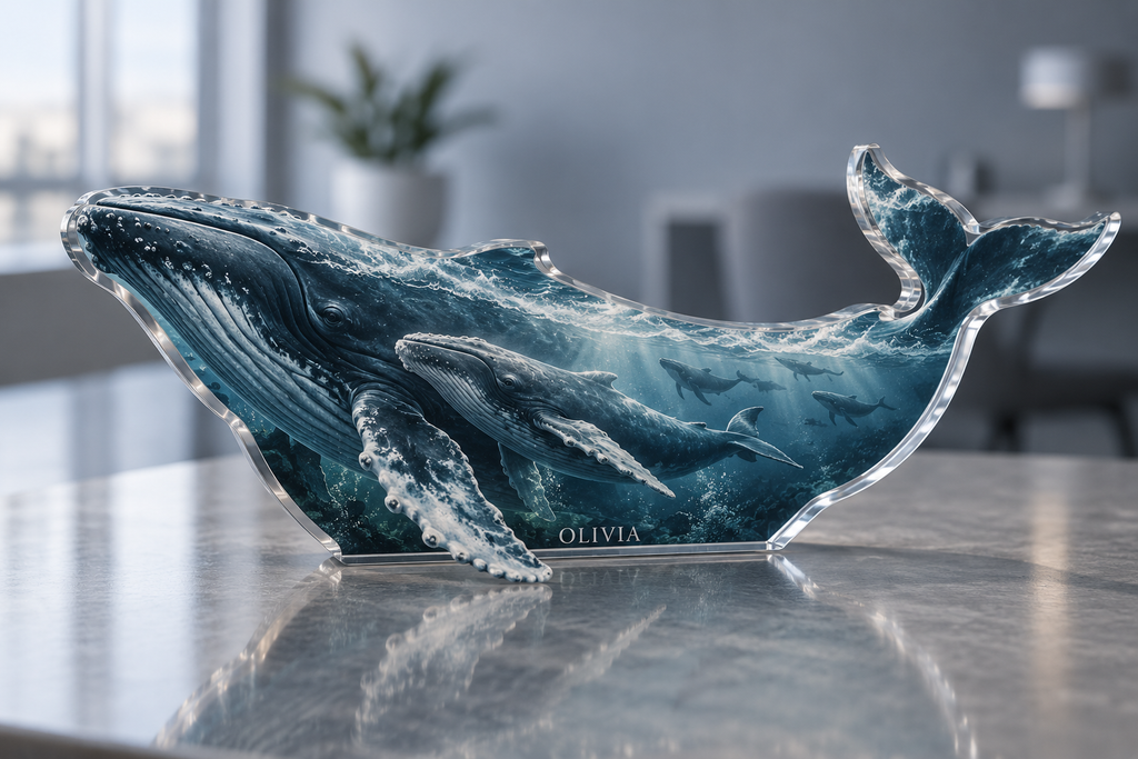 Artwork visualization: Whale migration — home office backdrop, personalized OLIVIA, subject-shaped acrylic with printed optical 3D depth; not carved relief.