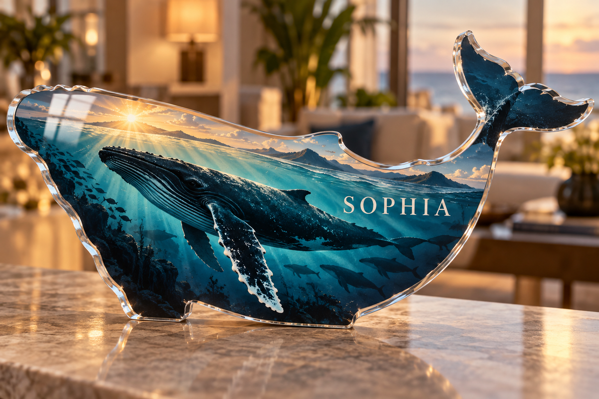 Artwork visualization: Whale migration — personalized housewarming, personalized SOPHIA, subject-shaped acrylic with printed optical 3D depth; not carved relief.