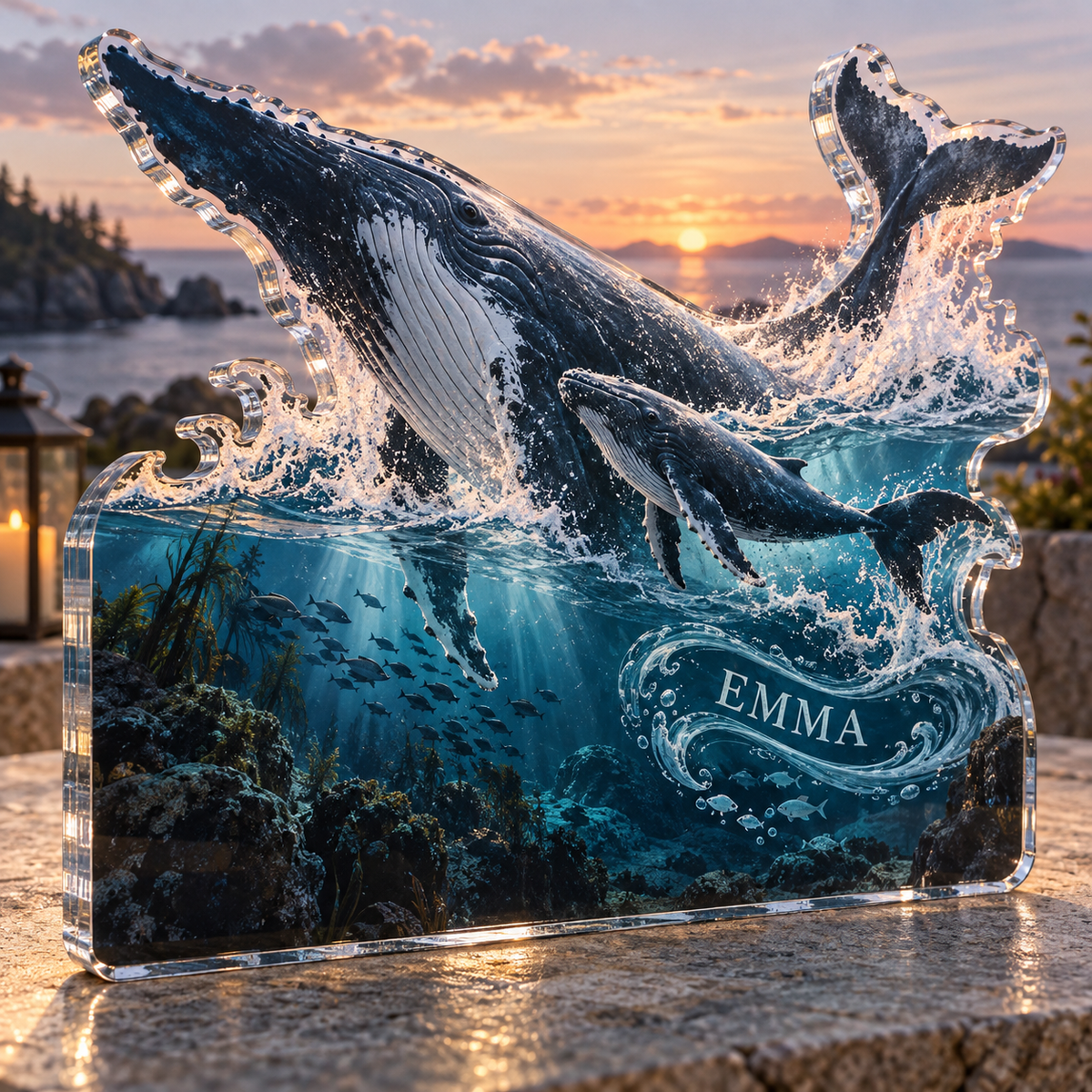 Artwork visualization: Whale migration — quiet corner decoration, personalized EMMA, subject-shaped acrylic with printed optical 3D depth; not carved relief.