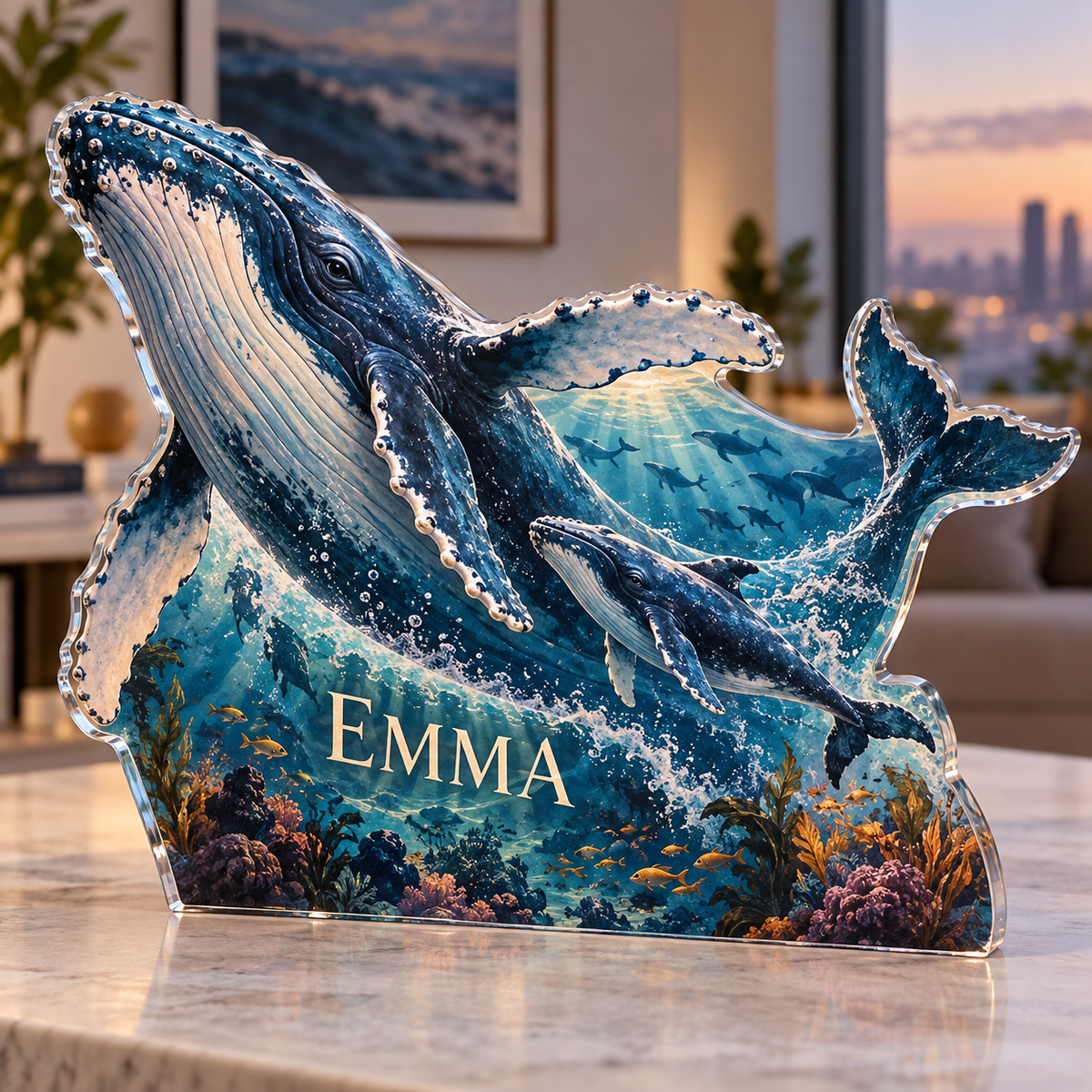 Artwork visualization: Whale migration — apartment gallery wall, personalized EMMA, subject-shaped acrylic with printed optical 3D depth; not carved relief.