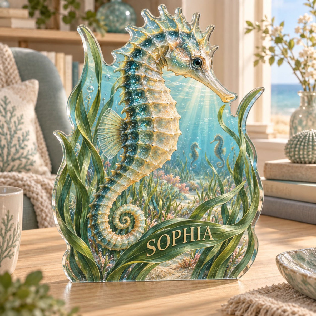 Personalized Seahorse Sea Grass Reading Nook Decor custom shape acrylic plaque with an example name set into the artwork, digital preview