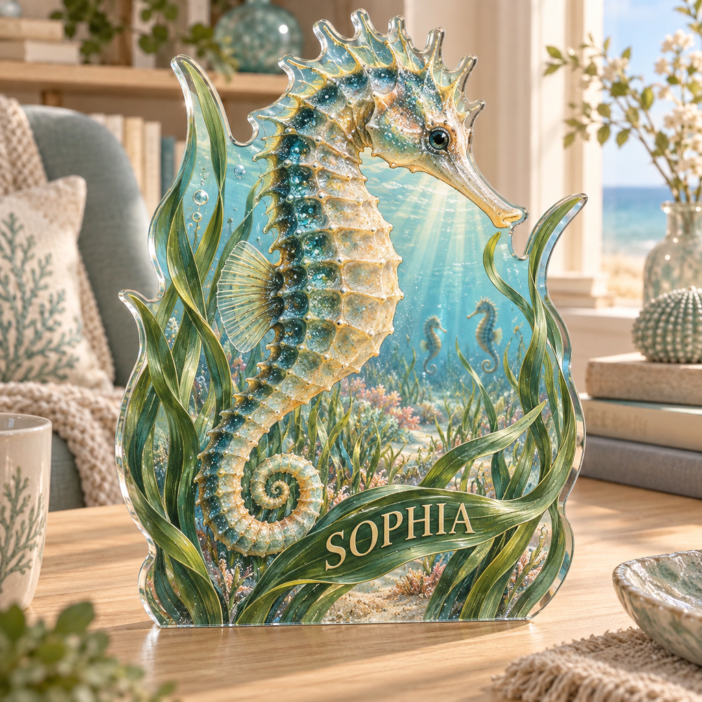 Artwork visualization: Seahorse sea grass — reading nook decor, personalized SOPHIA, subject-shaped acrylic with printed optical 3D depth; not carved relief.