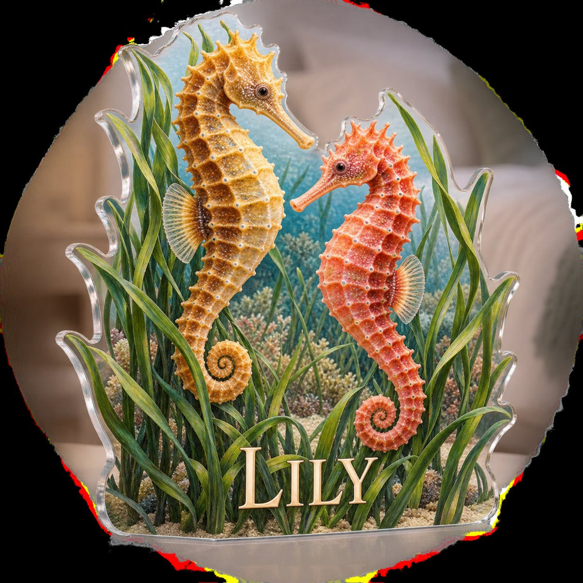 Personalized Seahorse Sea Grass Bedroom Statement Decor custom shape acrylic plaque with an example name set into the artwork, digital preview
