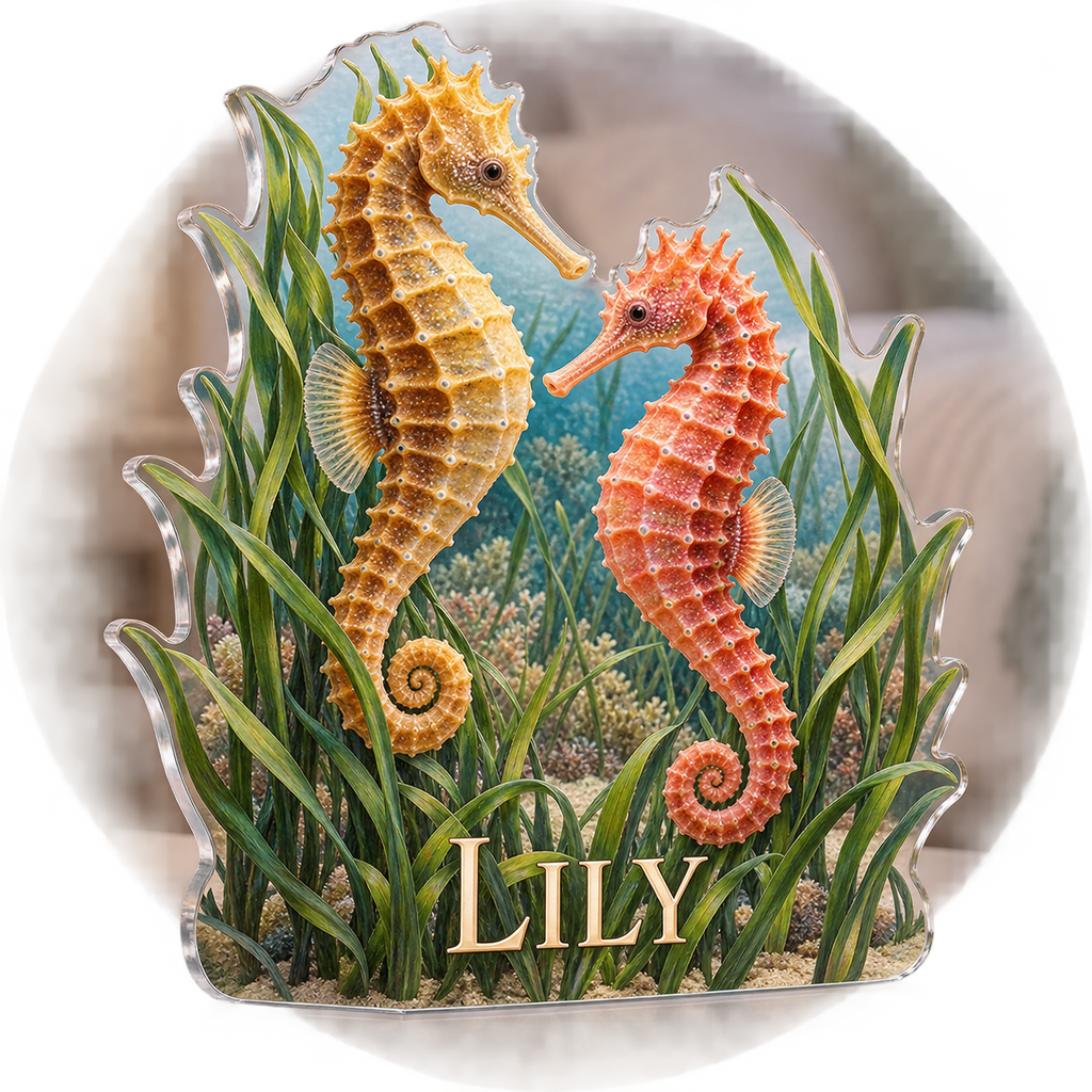 Artwork visualization: Seahorse sea grass — bedroom statement decor, personalized LILY, subject-shaped acrylic with printed optical 3D depth; not carved relief.