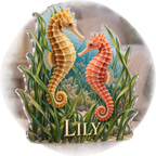 Artwork visualization: Seahorse sea grass — bedroom statement decor, personalized LILY, subject-shaped acrylic with printed optical 3D depth; not carved relief.