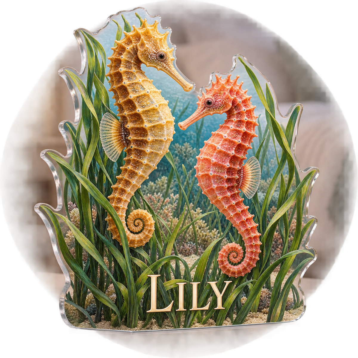 Artwork visualization: Seahorse sea grass — bedroom statement decor, personalized LILY, subject-shaped acrylic with printed optical 3D depth; not carved relief.