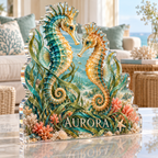 Artwork visualization: Seahorse sea grass — living room focal point, personalized AURORA, subject-shaped acrylic with printed optical 3D depth; not carved relief.