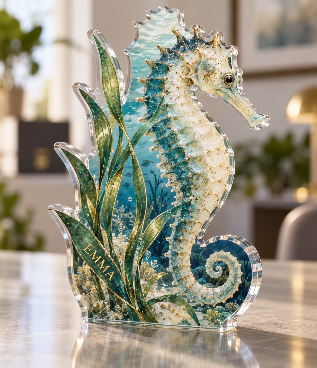 Artwork visualization: Seahorse sea grass — home office backdrop, personalized EMMA, subject-shaped acrylic with printed optical 3D depth; not carved relief.