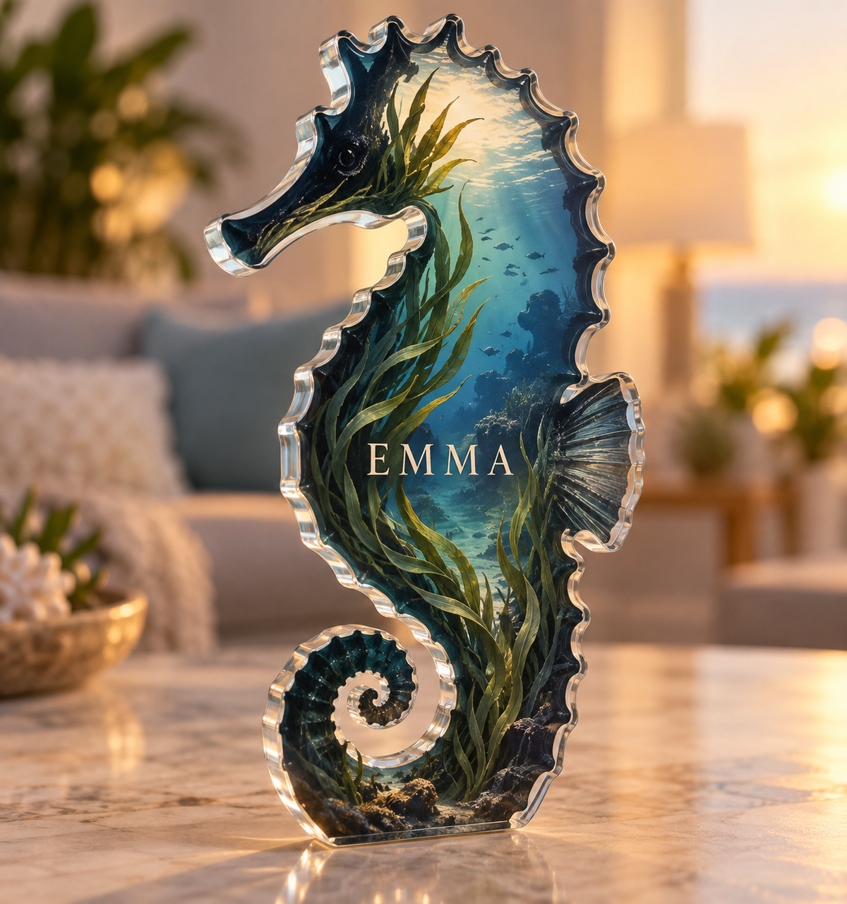 Artwork visualization: Seahorse sea grass — personalized housewarming, personalized EMMA, subject-shaped acrylic with printed optical 3D depth; not carved relief.