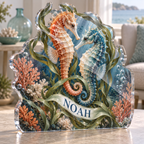 Artwork visualization: Seahorse sea grass — quiet corner decoration, personalized NOAH, subject-shaped acrylic with printed optical 3D depth; not carved relief.