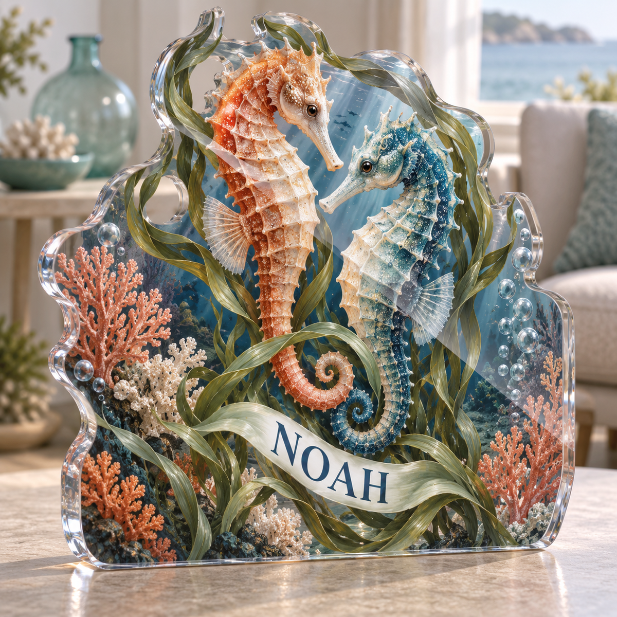 Artwork visualization: Seahorse sea grass — quiet corner decoration, personalized NOAH, subject-shaped acrylic with printed optical 3D depth; not carved relief.