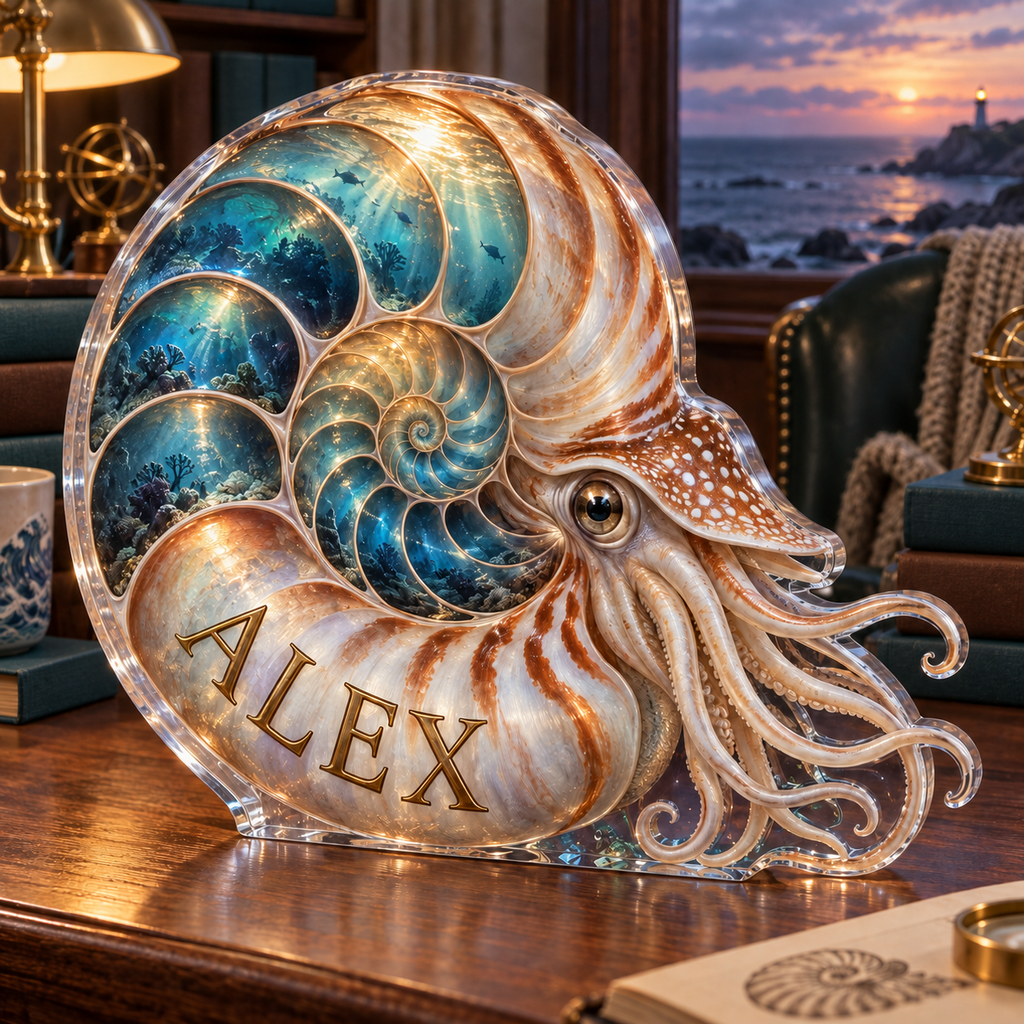Artwork visualization: Nautilus spiral — reading nook decor, personalized ALEX, subject-shaped acrylic with printed optical 3D depth; not carved relief.