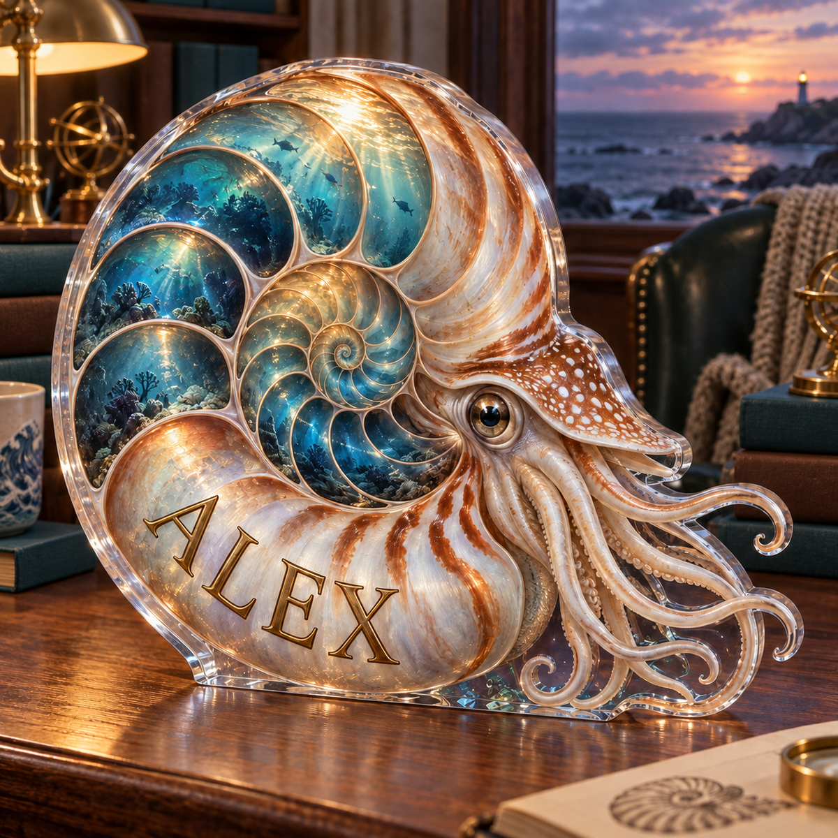 Artwork visualization: Nautilus spiral — reading nook decor, personalized ALEX, subject-shaped acrylic with printed optical 3D depth; not carved relief.