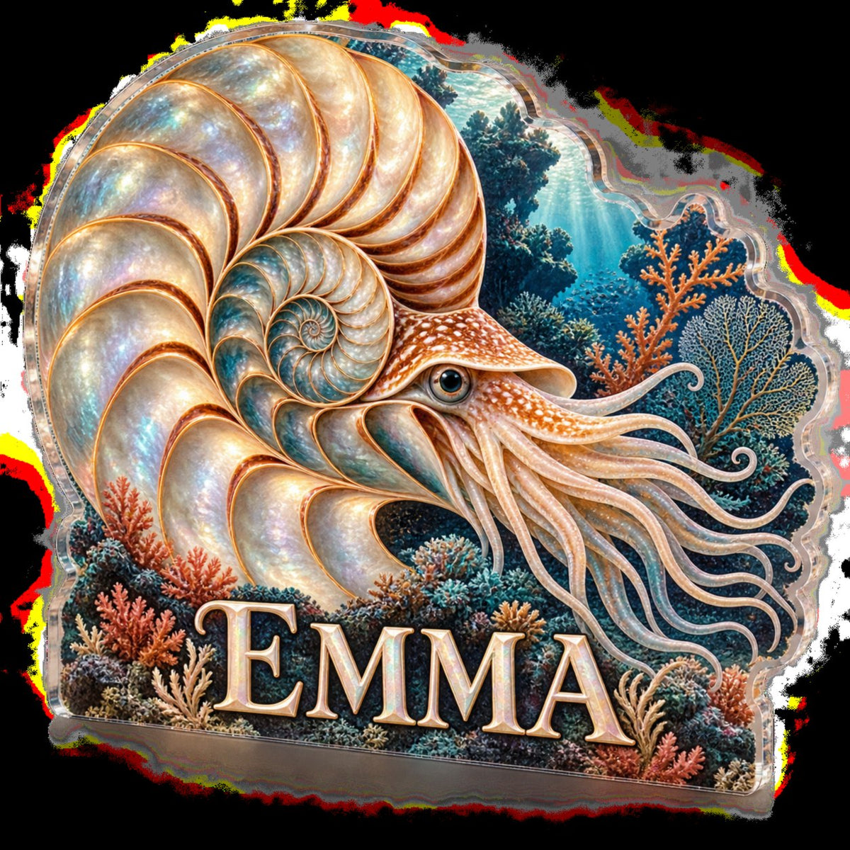 Personalized Nautilus Spiral Bedroom Statement Decor custom shape acrylic plaque with an example name set into the artwork, digital preview
