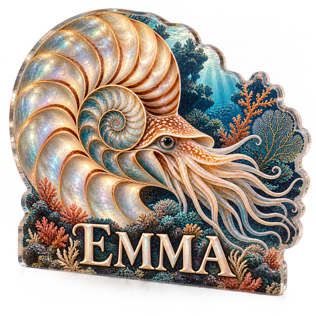 Artwork visualization: Nautilus spiral — bedroom statement decor, personalized EMMA, subject-shaped acrylic with printed optical 3D depth; not carved relief.