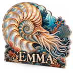 Artwork visualization: Nautilus spiral — bedroom statement decor, personalized EMMA, subject-shaped acrylic with printed optical 3D depth; not carved relief.
