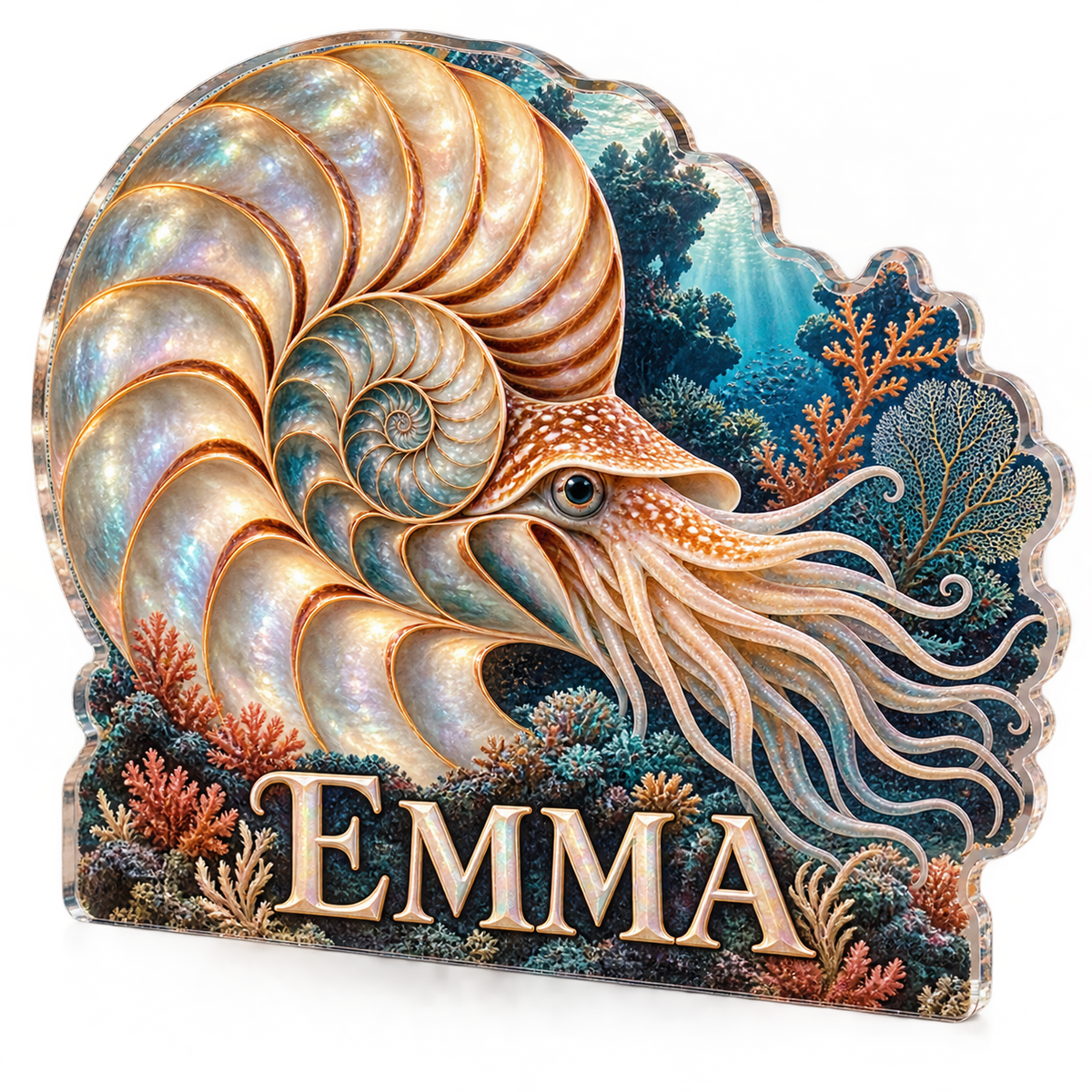 Artwork visualization: Nautilus spiral — bedroom statement decor, personalized EMMA, subject-shaped acrylic with printed optical 3D depth; not carved relief.