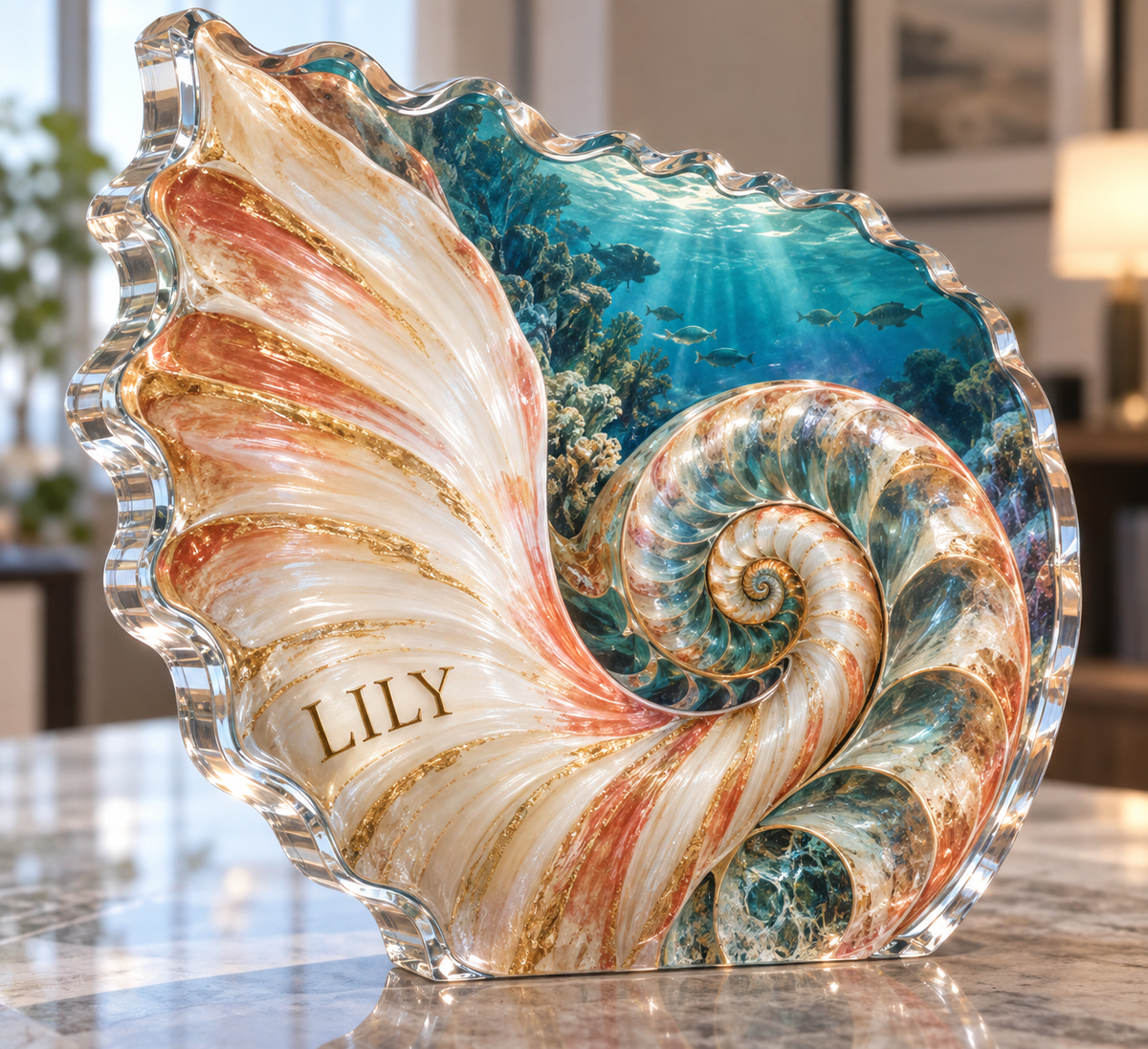 Artwork visualization: Nautilus spiral — home office backdrop, personalized LILY, subject-shaped acrylic with printed optical 3D depth; not carved relief.