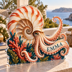 Artwork visualization: Nautilus spiral — quiet corner decoration, personalized EMMA, subject-shaped acrylic with printed optical 3D depth; not carved relief.