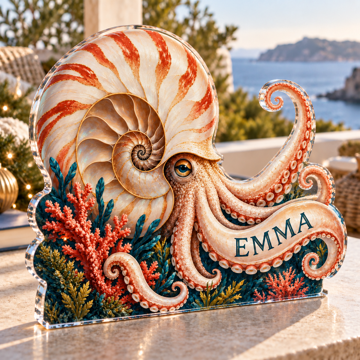 Artwork visualization: Nautilus spiral — quiet corner decoration, personalized EMMA, subject-shaped acrylic with printed optical 3D depth; not carved relief.